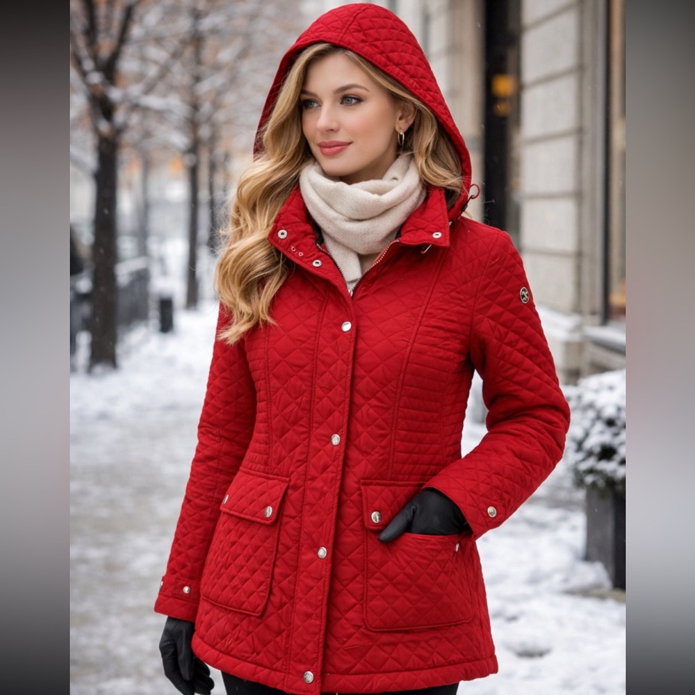 Calvin Klein Red Quilted Puffer Jacket size M Hooded winter Coat size M
